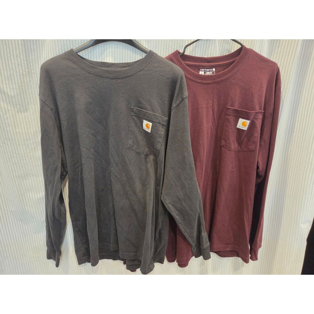 Carhartt Loose Fit Medium Men's Long Sleeve T Shirt Burgundy Black Bundle
